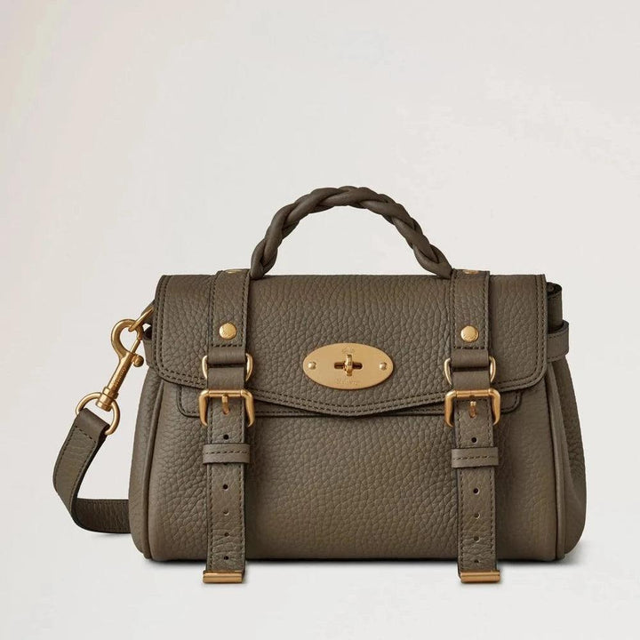 Mulberry Mini Alexa Heavy Grain Linen Green shoulder bag in grained green leather with braided handle and gold buckles. Model RL6595736R563