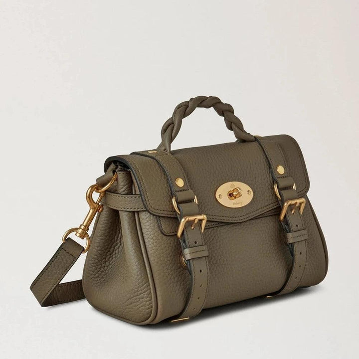 Mulberry Mini Alexa Heavy Grain Linen Green shoulder bag in olive green leather with braided handle, Model RL6595736R563.