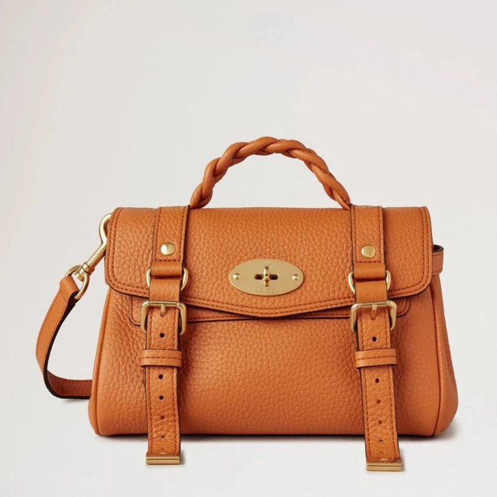 Mulberry Mini Alexa Heavy Grain Sunset, small shoulder bag in dark orange leather with braid detail on the handle. Model rl6595736n691
