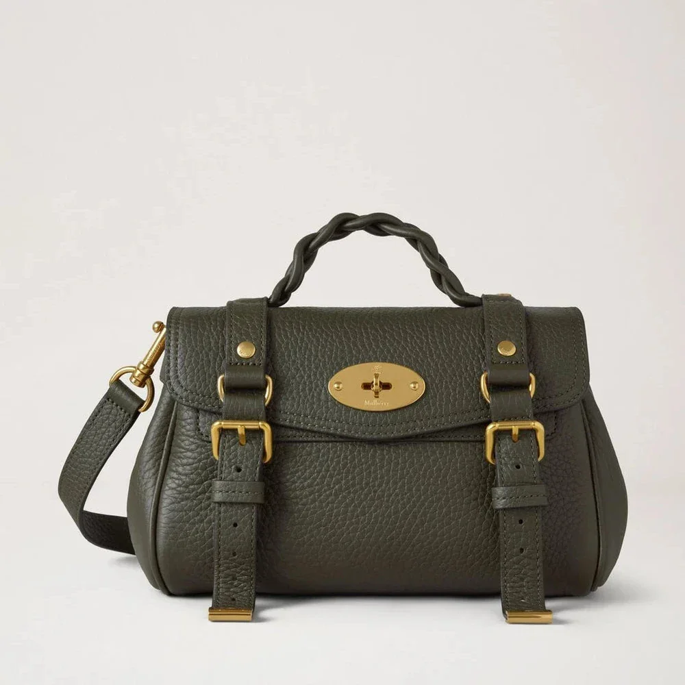 Mulberry Mini Alexa Juniper Green Heavy Grain shows a small, green leather bag with braided handle and gold metal details. Model RL6595736Q749.