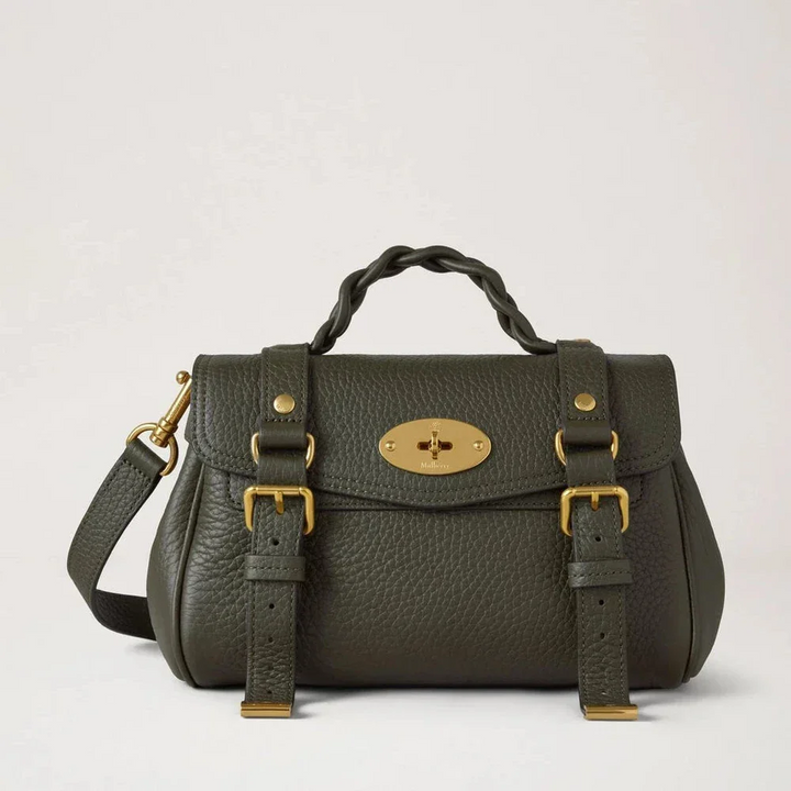 Mulberry Mini Alexa Juniper Green Heavy Grain shows a small, green leather bag with braided handle and gold metal details. Model RL6595736Q749.