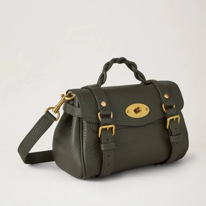 Mulberry Mini Alexa Juniper Green Heavy Grain, small handbag in green embossing with golden details. Model RL6595736Q749
