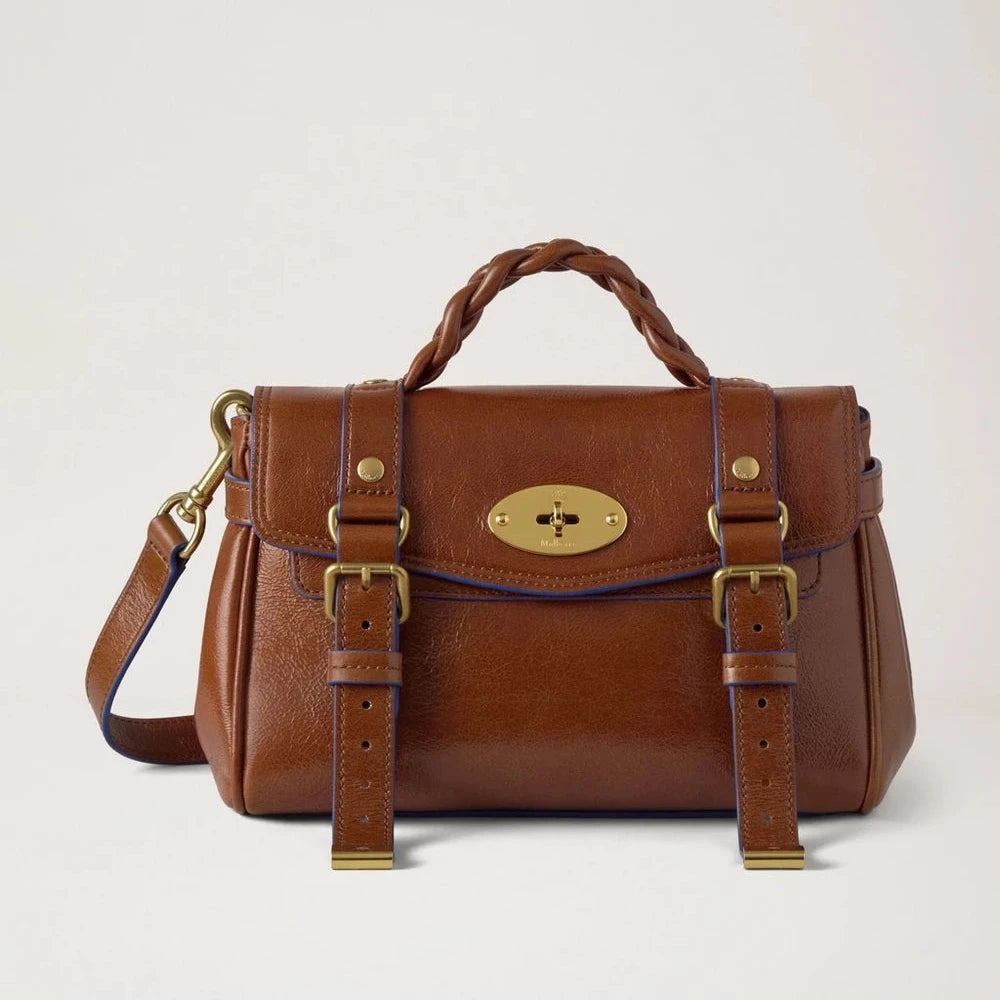 Mulberry Mini Alexa oak and pigment blue smooth glossy leather, brown crossbody bag with braided handle. Model RL9022562G231