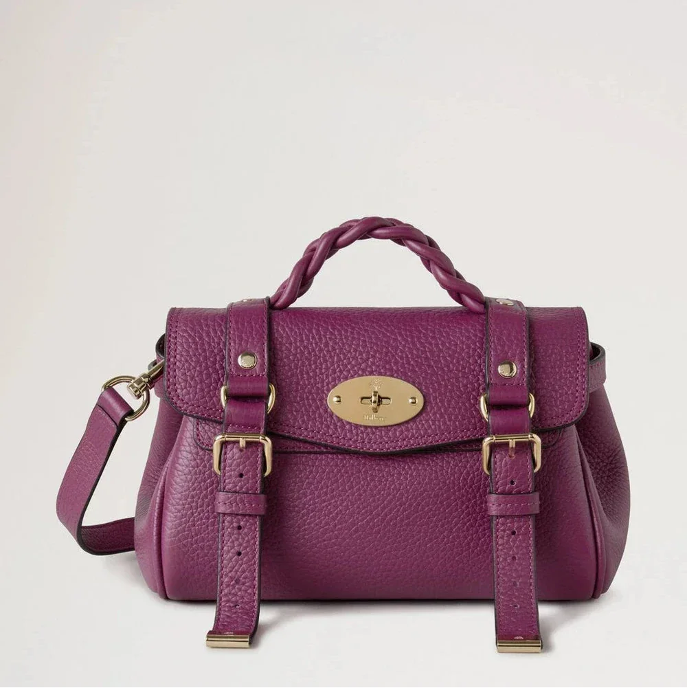 Mulberry Mini Alexa Orchid Bloom Heavy Grain, purple leather bag with braided handle and buckles. Model RL6595736J512