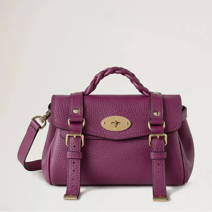 Mulberry Mini Alexa Orchid Bloom Heavy Grain, purple leather bag with braided handle and buckles. Model RL6595736J512
