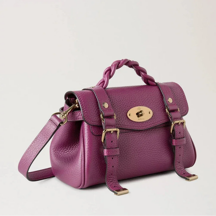 Mulberry Mini Alexa Orchid Bloom heavy grain leather bag in purple with braided handle, Model RL6595736J512.