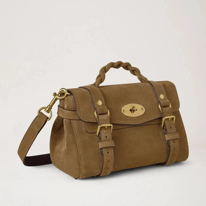 Mulberry Mini Alexa Salcombe Sand Suede shoulder bag in sand-colored suede with braided handle. Model RL8924731P705.