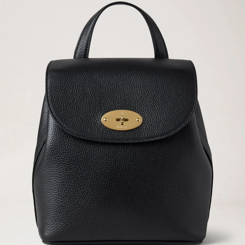 Mulberry Mini Bayswater Backpack Small Classic Grain Black, black leather backpack with gold buckle. Model hh9829205a100