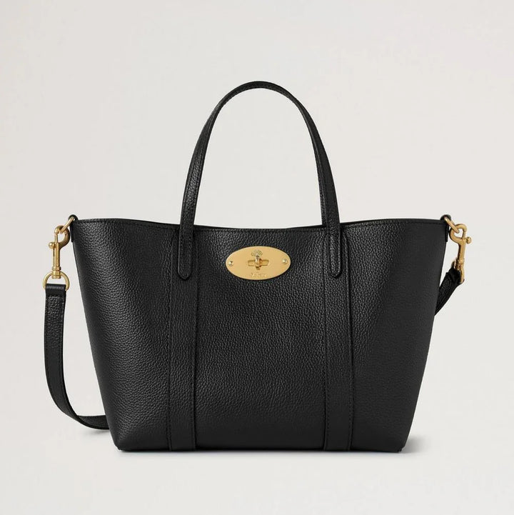 Mulberry Mini Bayswater Tote Small Classic Grain Black, elegant black leather bag with gold fittings. Model RL8875205A100