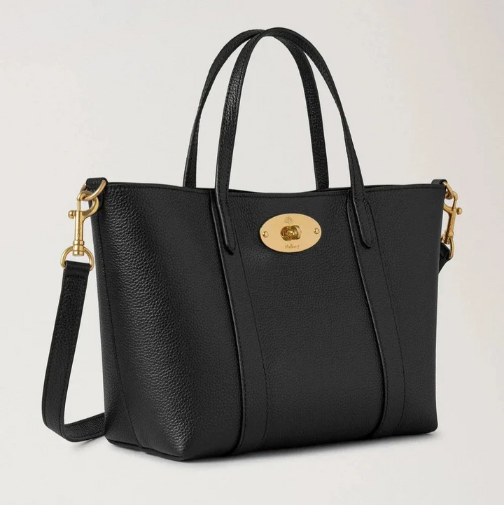 Mulberry Mini Bayswater Tote Small Classic Grain Black shows a small black leather bag with adjustable shoulder strap and gold buckle. Model RL8875205A100.