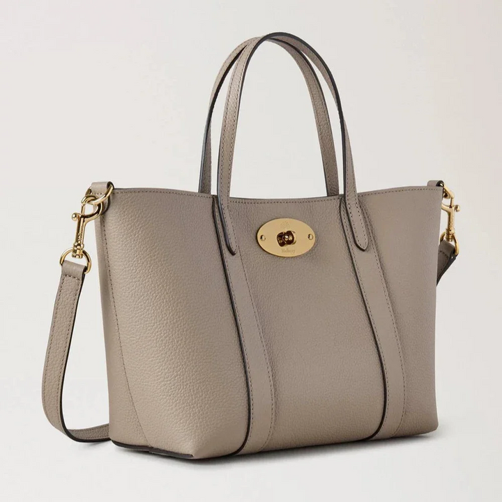 Mulberry Mini Bayswater Tote Small Classic Grain Cashmere Taupe in taupe colored leather with gold buckle. Model RL8875205F924