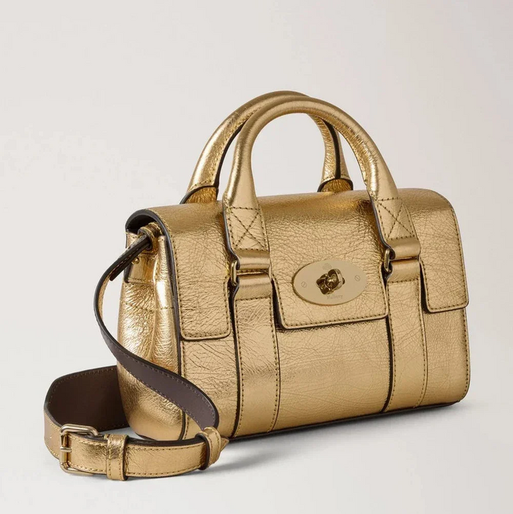Mulberry Mini Heritage Bayswater Metallic Somerset Gold handbag in golden leather with shoulder strap, Model RL8918757Z098.