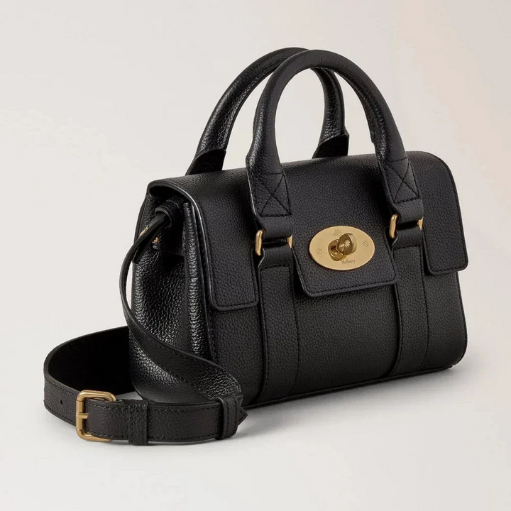 Mulberry Mini Heritage Bayswater Small Classic Grain Black, black leather bag with golden details, Model RL8928205A100