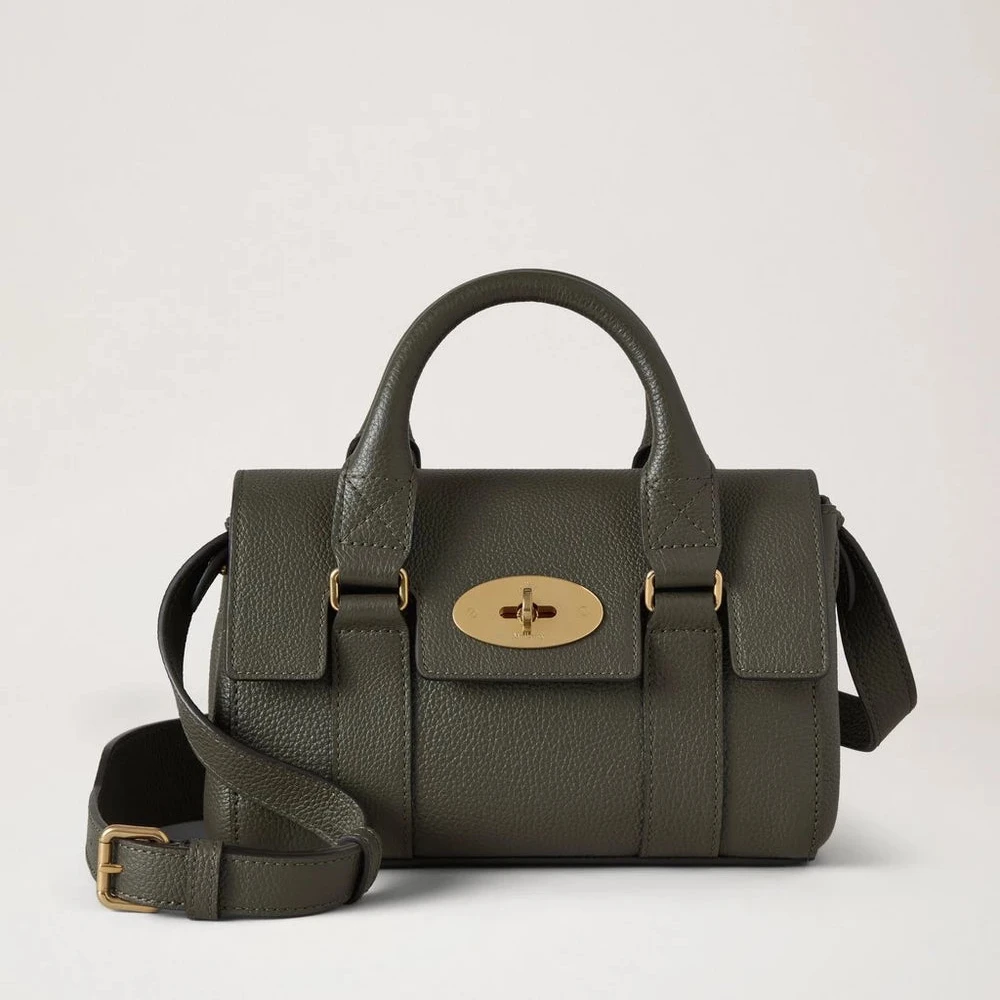 Mulberry Mini Heritage Bayswater Small Classic Grain Juniper Green leather handbag with gold buckle. Model RL8928205Q749