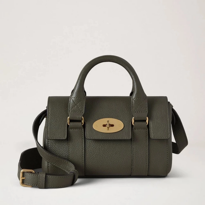 Mulberry Mini Heritage Bayswater Small Classic Grain Juniper Green leather handbag with gold buckle. Model RL8928205Q749