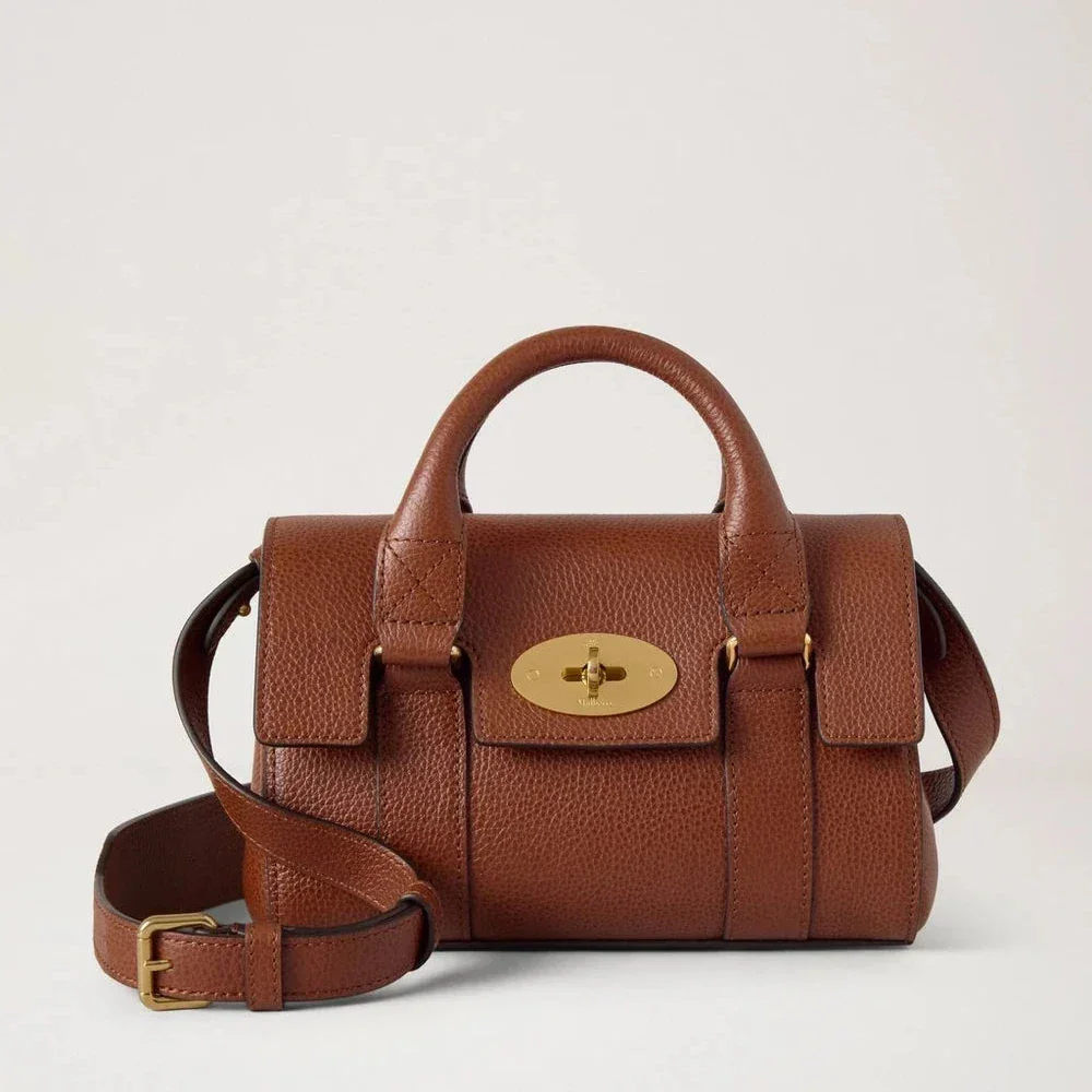 Mulberry Mini Heritage Bayswater Two Tone Oak, brown leather bag with gold clasp and shoulder strap. Model RL8930554G110.