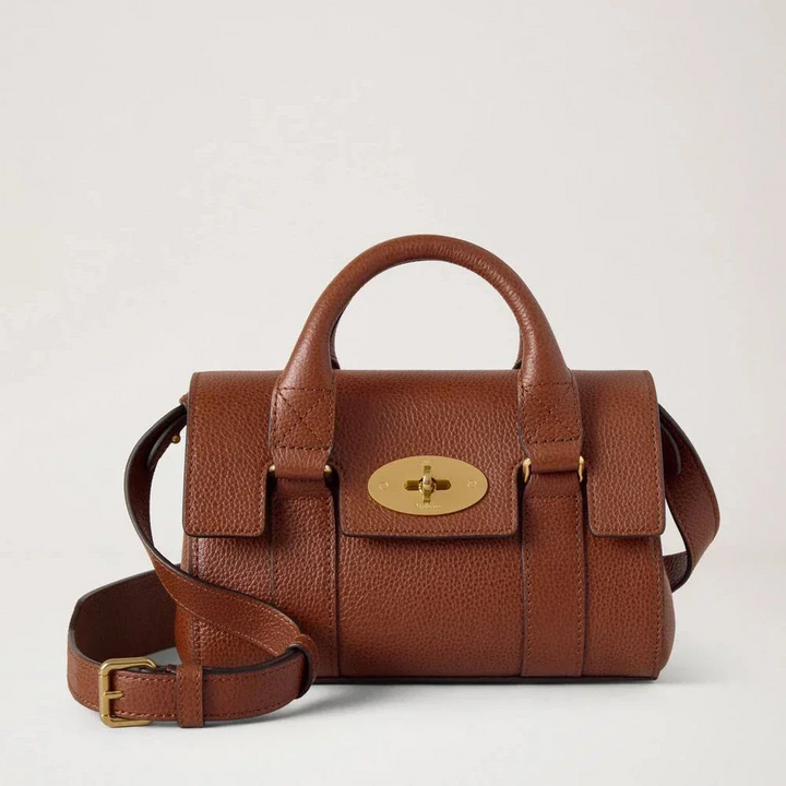 Mulberry Mini Heritage Bayswater Two Tone Oak, brown leather bag with gold clasp and shoulder strap. Model RL8930554G110.