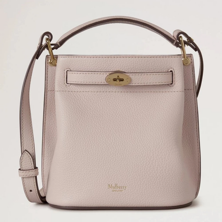 Mulberry Mini Islington Bucket Small Classic Grain Blossom Pink with gold buckle, textured leather, Model RL8803205J002.