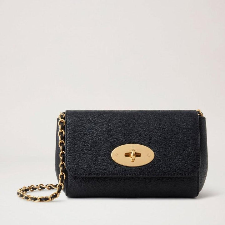 Mulberry Mini Lily Glossy Goat Black, small black leather shoulder bag with gold chain strap and details. Model RL7943874A100