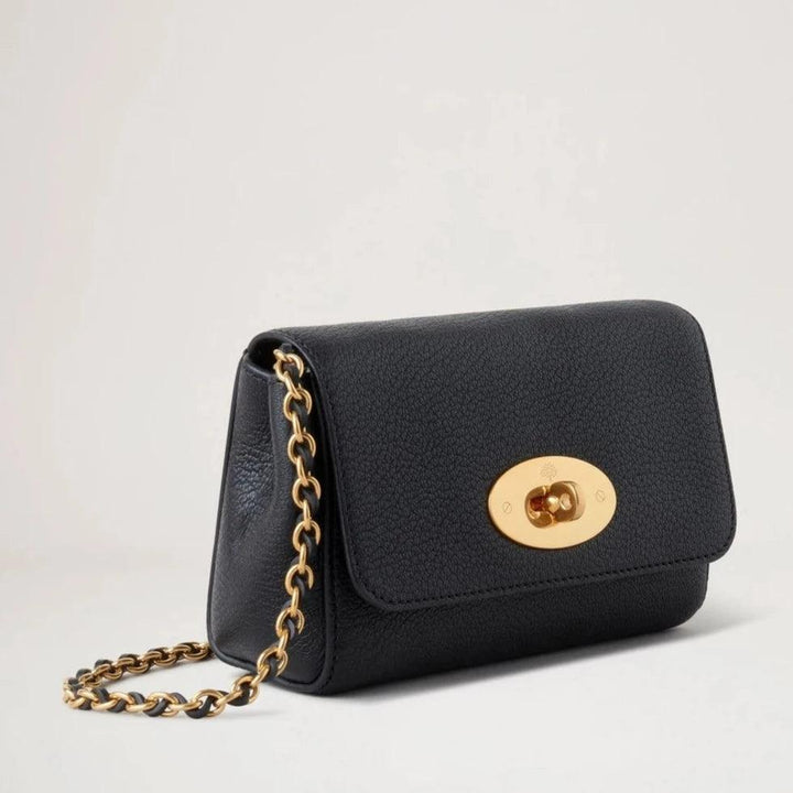 Mulberry Mini Lily Glossy Goat Black, elegant shoulder bag in black leather with golden chain and lock. Model RL7943874A100