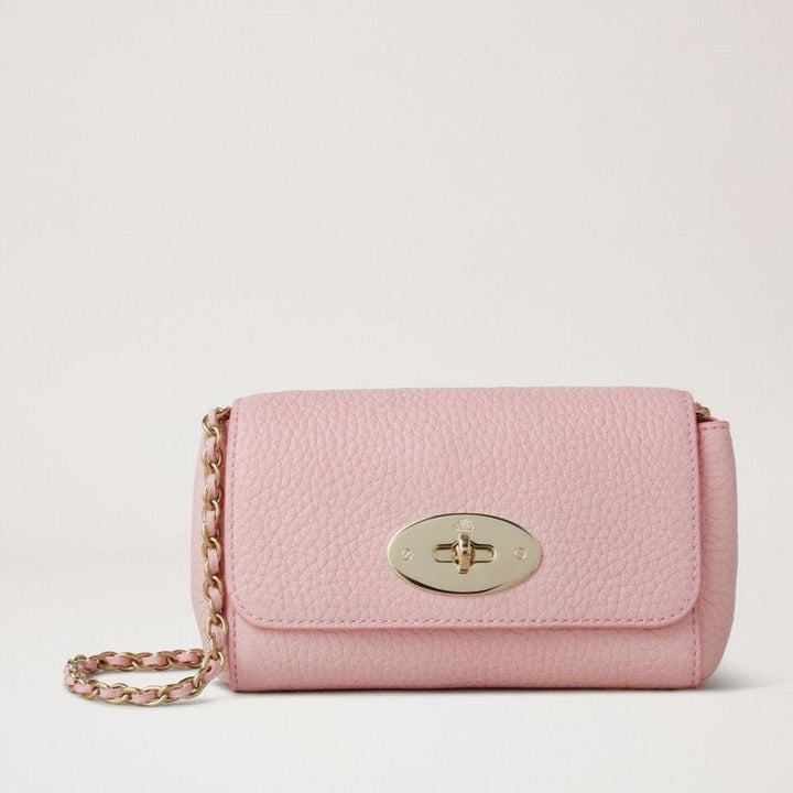 Mulberry Mini Lily Heavy Grain Powder Rose bag in pink leather with gold chain strap. Model RL7944736J999.