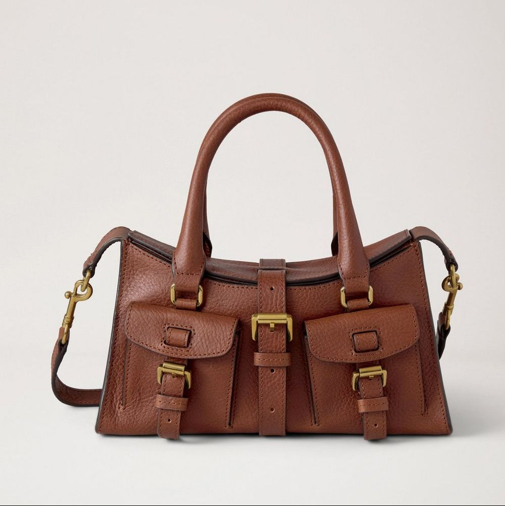 Mulberry Mini Roxanne Heritage NVT Oak handbag in brown leather with buckles, Model HH9889730G110