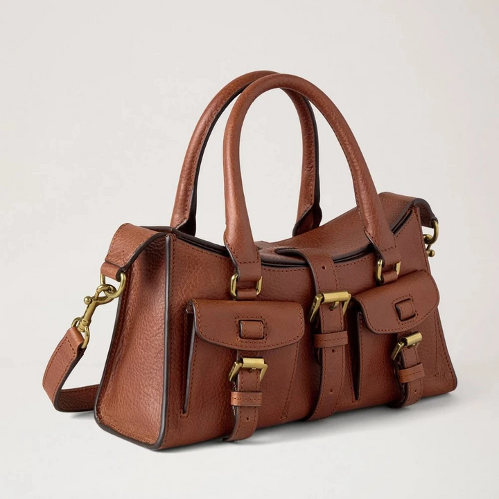 Mulberry Mini Roxanne Heritage NVT Oak leather bag with adjustable strap, brass buckles and pockets. Model HH9889730G110