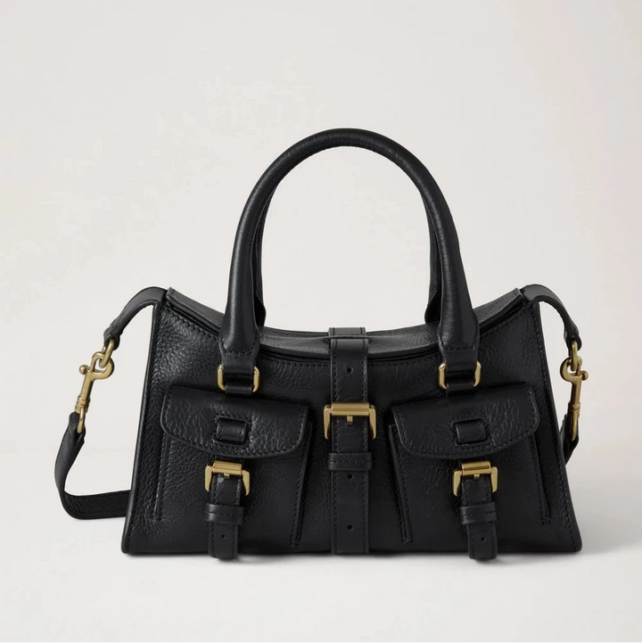 Mulberry Mini Roxanne High Shine Leather Black, stylish black leather bag with double handle, front pockets and brass details. Model HH9888213A100