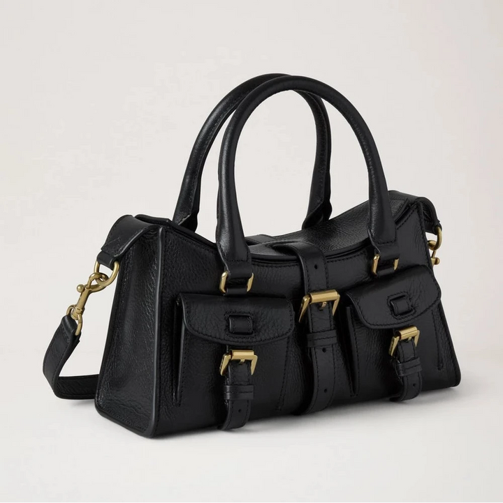Mulberry Mini Roxanne High Shine Leather Black, shoulder bag in black leather with gold-coloured buckles. Model hh9888213a100