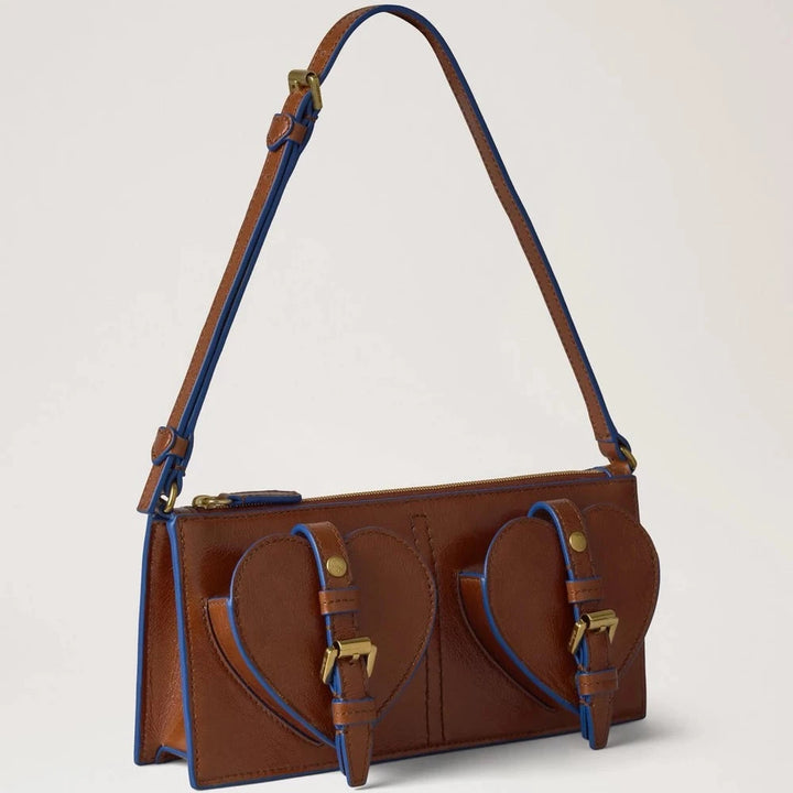 Mulberry Mini Roxanne Shoulder Bag in glossy brown and blue leather with two heart-shaped pockets. Model RL9002562G231