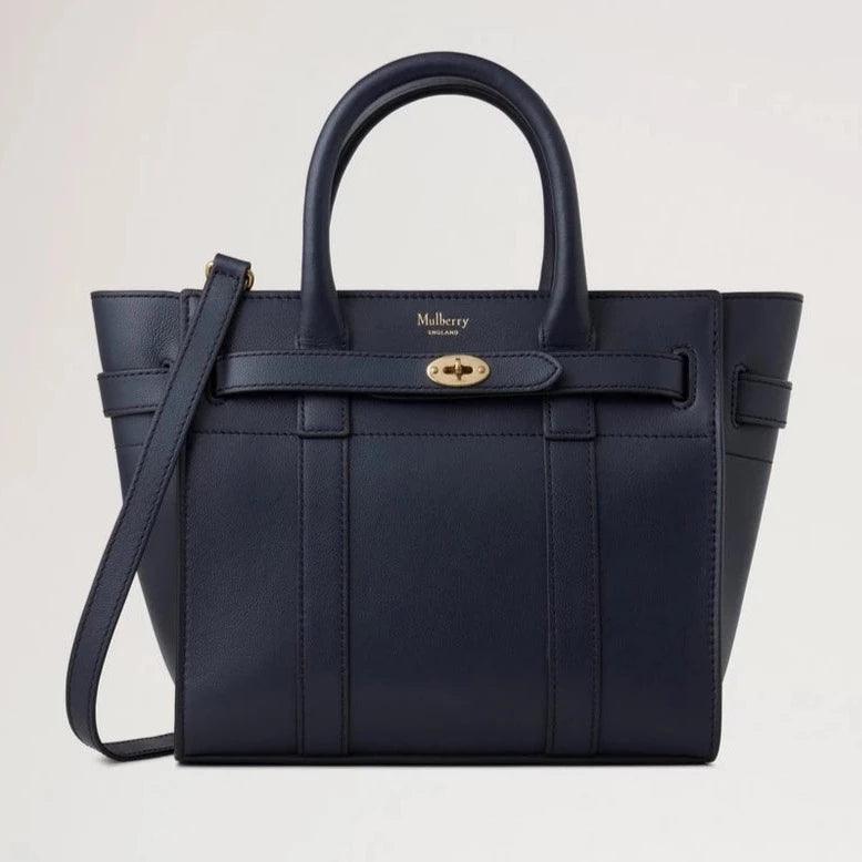 Mulberry Mini Zipped Bayswater Night Skye leather bag with shoulder strap in dark blue, Model hh9089587u888