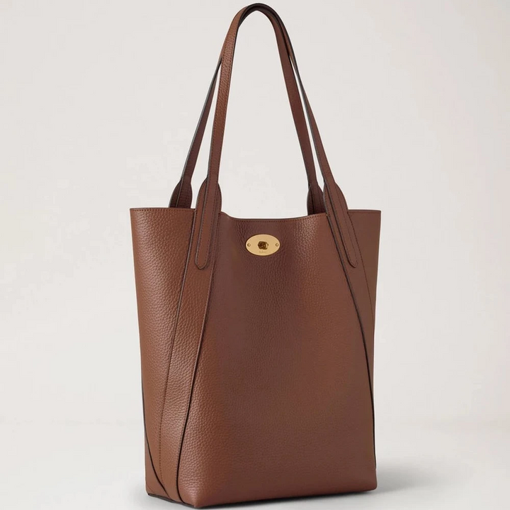 Mulberry North South Bayswater Heavy Grain Bright Oak, brown tote bag in heavy leather with gold buckle. Model HH9104736G222