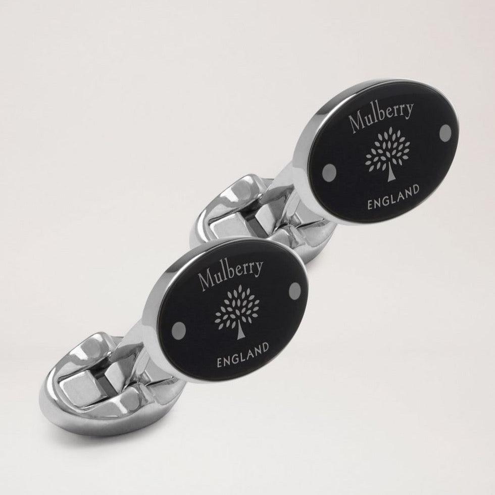 Mulberry Oval Tree and Rivet Cufflinks in black and silver with engraving, Model QC2262000A100.