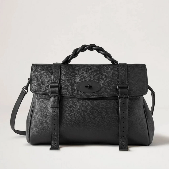 Mulberry Oversized Alexa Heavy Grain Black, classic shoulder bag in black leather with braided handle. Model hh6884736a100
