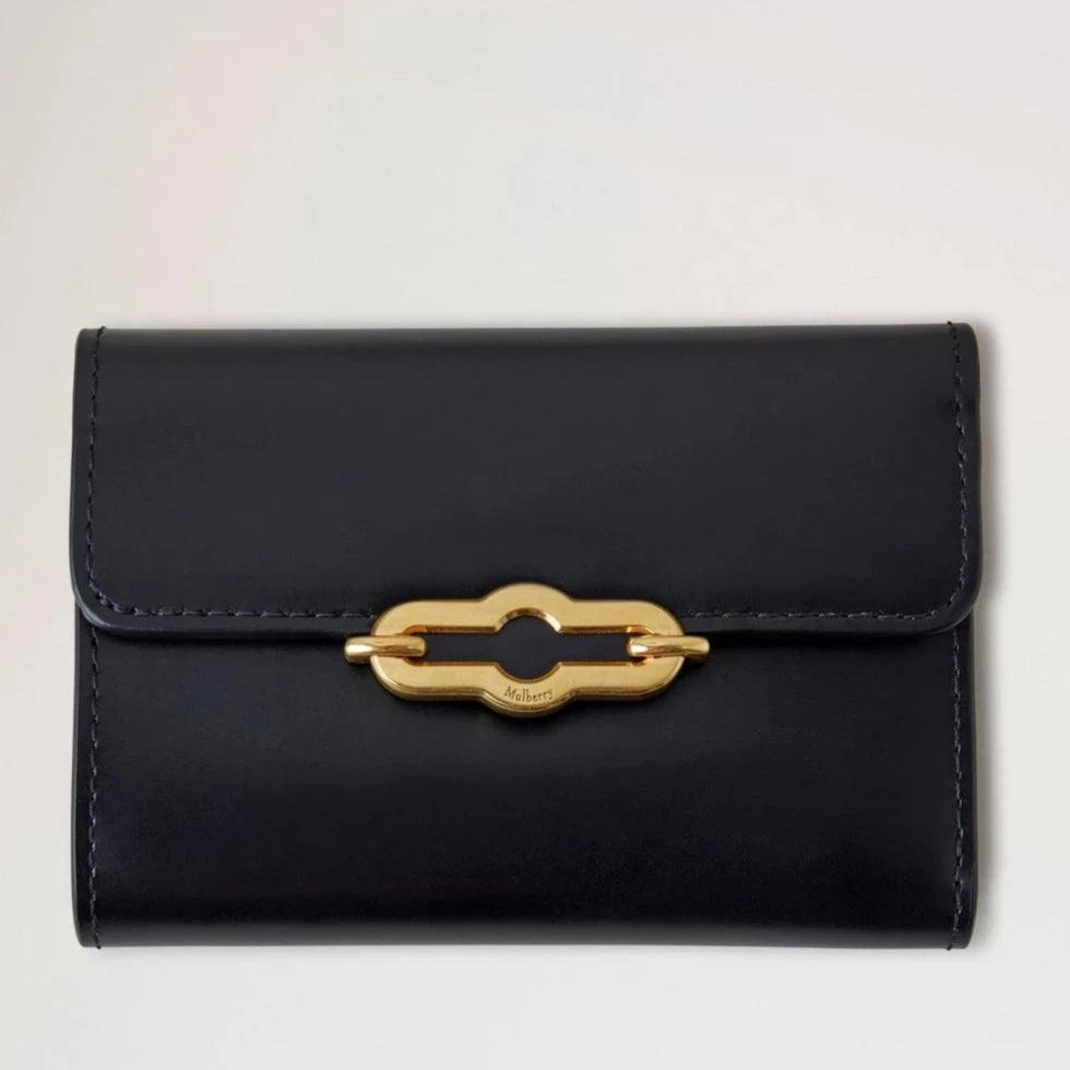 Mulberry Pimlico Compact Wallet, black super lux calfskin with golden buckle, Model RL8071603A100.