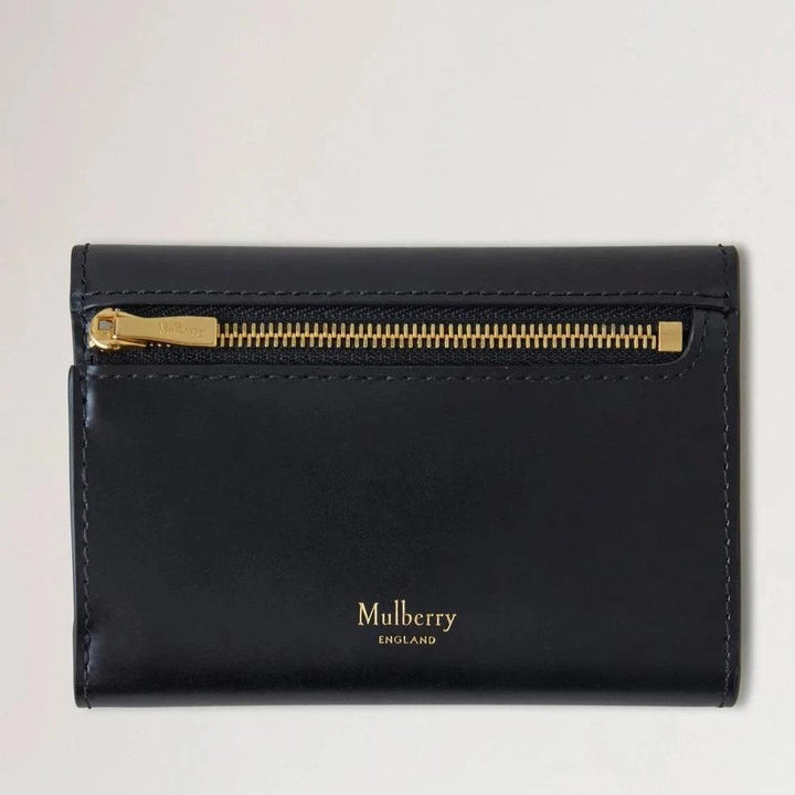 Mulberry Pimlico Compact Wallet, black calf leather with gold zipper, minimalist design. Model RL8071603A100