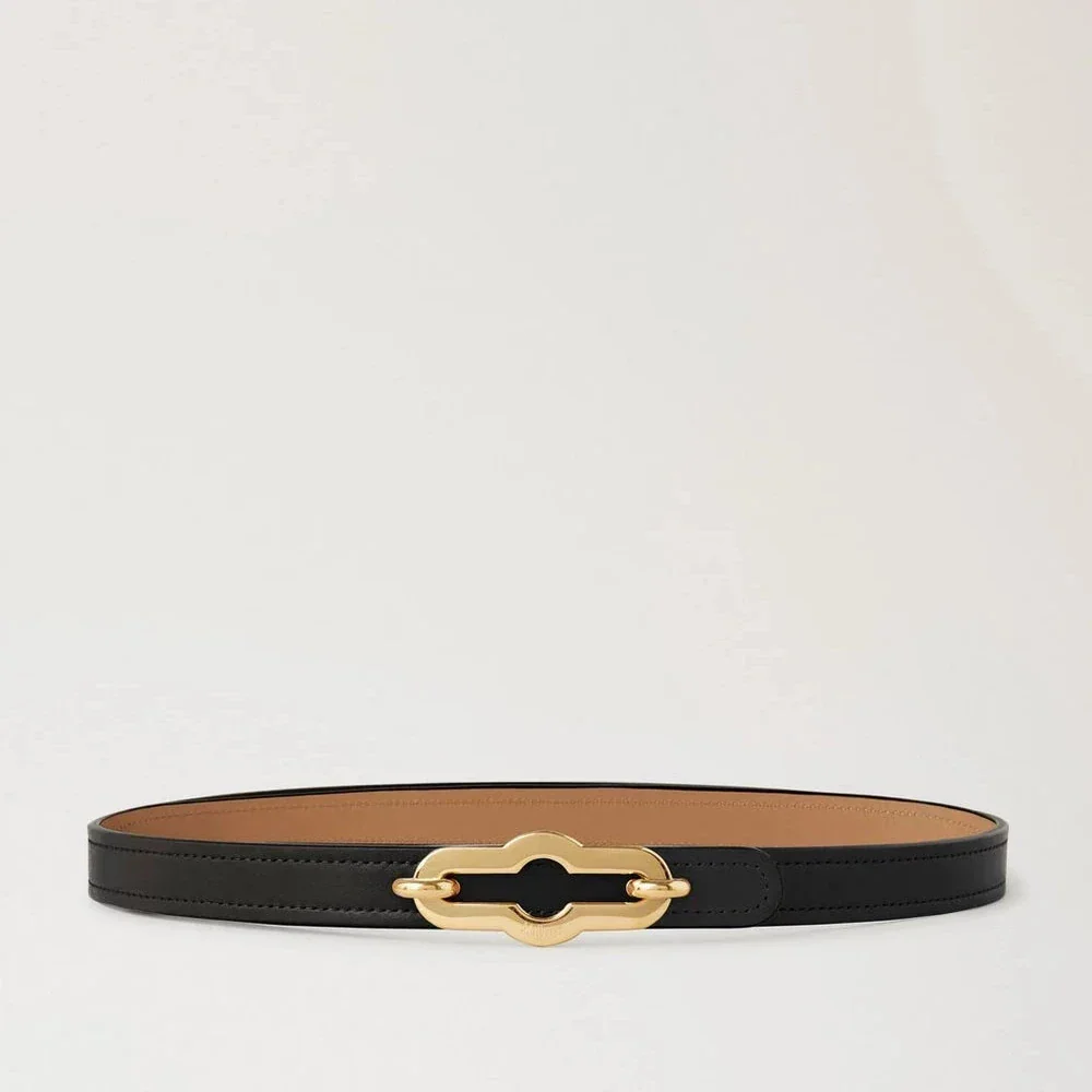 Mulberry Pimlico Reversible Thin Belt in Black Leather with Elegant Golden Buckle, Model ML6501615A936-001