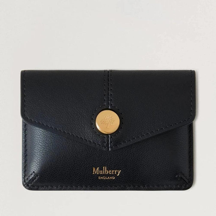 Mulberry Press Stud Coin Pouch Black Micro Classic Grain in black leather with gold colored button, front view. Model RL8709587A100