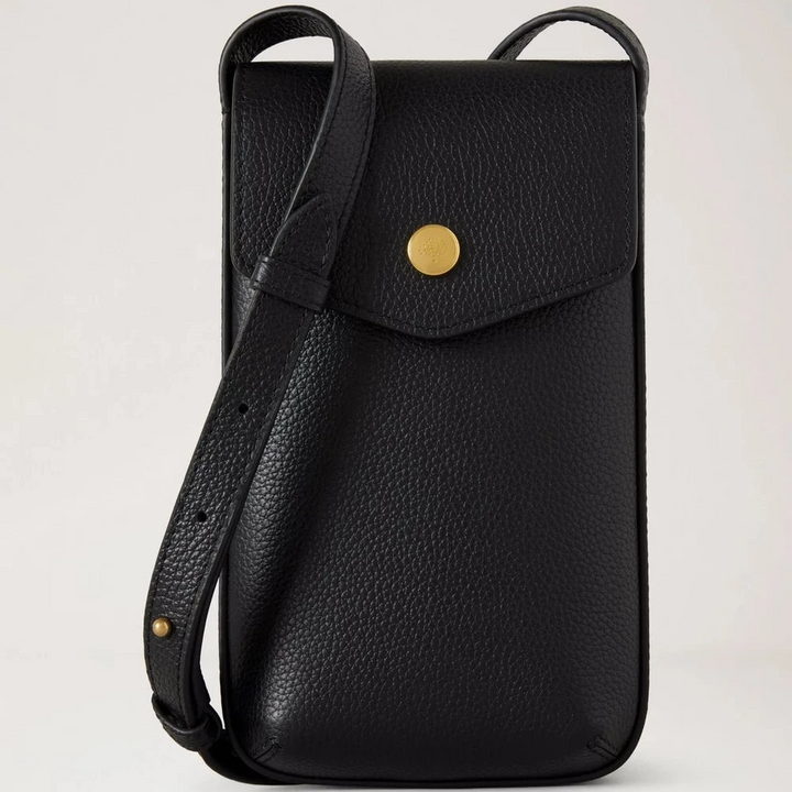 Mulberry Press Stud Phone Pouch Black in black leather with gold press button, shoulder strap. Model RL8962/205A100