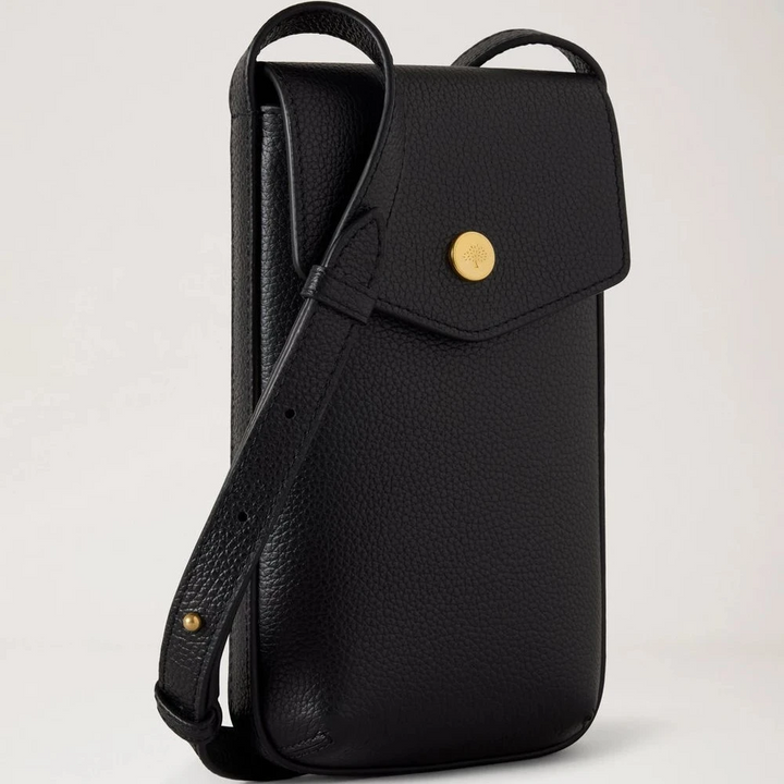 Mulberry Press Stud Phone Pouch Black in black leather with gold press button, elegant design. Model RL8962205A100