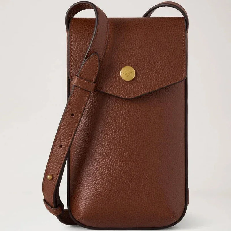Mulberry Press Stud Phone Pouch Oak in brown, embossed leather with shoulder strap and gold-coloured button clasp. Model RL9007552G110