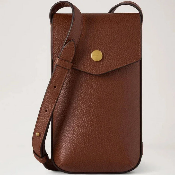 Mulberry Press Stud Phone Pouch Oak in brown, embossed leather with shoulder strap and gold-coloured button clasp. Model RL9007552G110