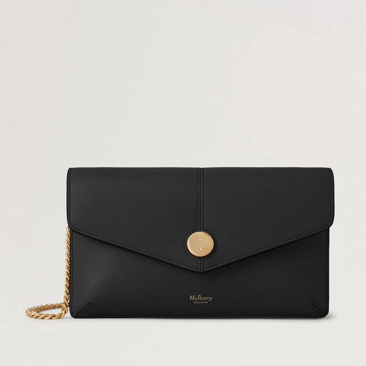 Mulberry Press Stud Pochette On Chain Black Micro Classic Grain with chain in gold and round press clasp. Model RL8708587A100