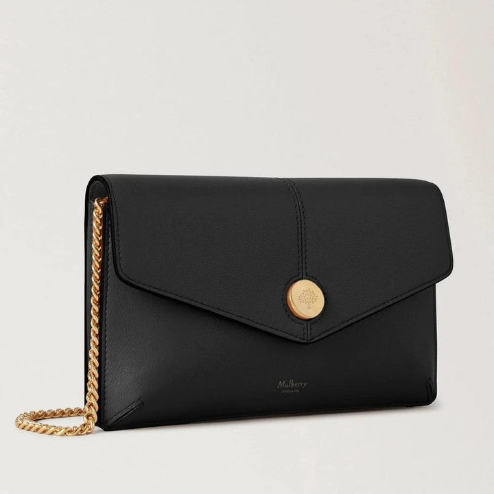 Mulberry Press Stud Pochette On Chain Black Micro Classic Grain in black leather with gold chain, Model RL8708587A100.