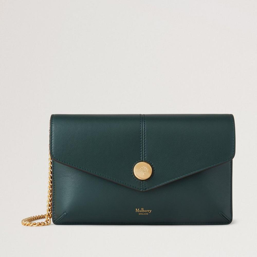 Mulberry Press Stud Pochette On Chain in green leather with gold chain strap, front view. Model RL8708587Q633