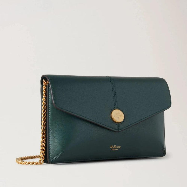 Mulberry Press Stud Pochette On Chain Mulberry Green Micro Classic Grain in dark green leather with gold chain strap, Model RL8708587Q633