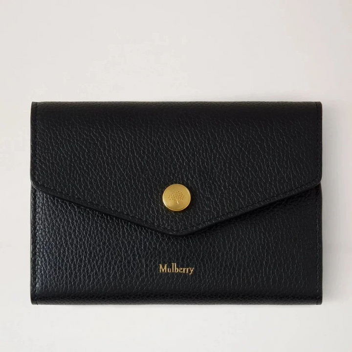 Mulberry Press Stud Wallet Black Small Classic Grain with gold colored press button in black leather, Model RL8963205A100.