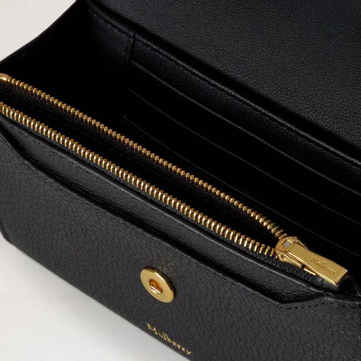 Mulberry Press Stud Wallet Black Small Classic Grain shows black leather wallet with gold zipper and interior pockets.