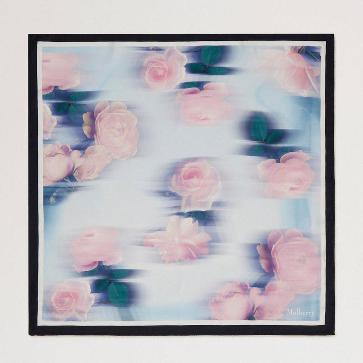 Mulberry Rose and Blue Border Square Scarf with pink roses and blue background, silk, Model VS4804032U804