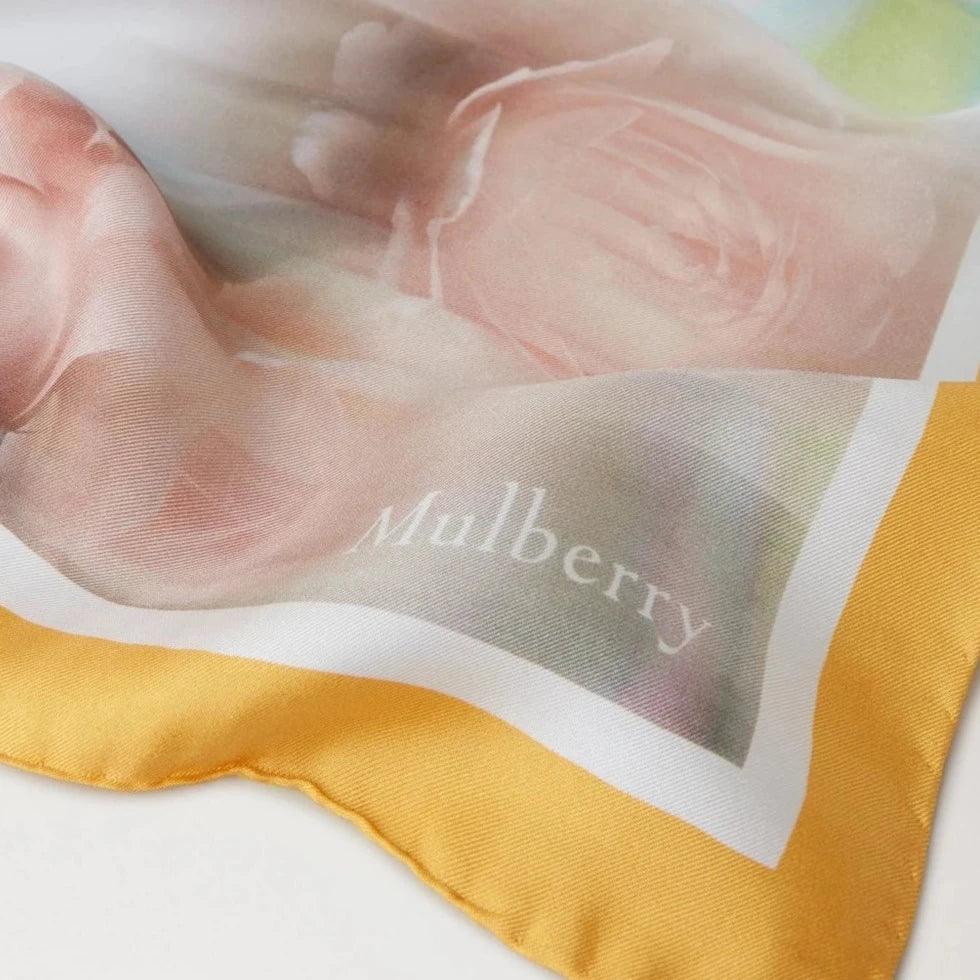 Mulberry Rose and Blur Border Square Scarf with yellow edges, soft pink shades and silky fabric. Model vs4804032n690.